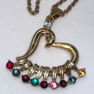 Vintage gold tone multicolor birthstone rhinestones heart pendant 20" necklace